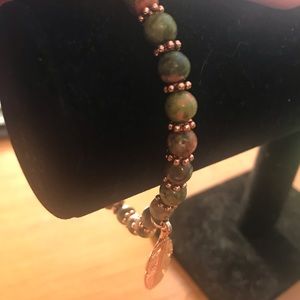 Green/copper boho bracelet w/leaf charm